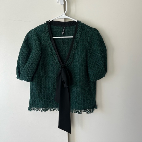 Zara Green Tweed Statement Top Shirt Black Floppy Bow Short Sleeve Woven XS - Picture 2 of 7